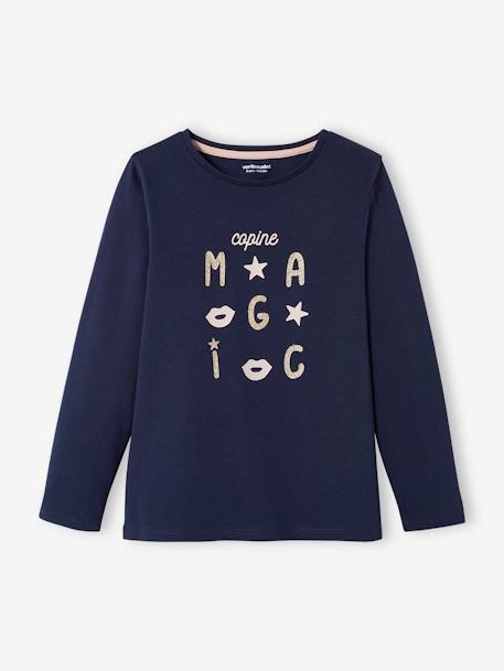 Long Sleeve Top with Iridescent Message for Girls BLUE BRIGHT SOLID WITH DESIGN+PINK DARK SOLID WITH DESIGN - vertbaudet enfant 