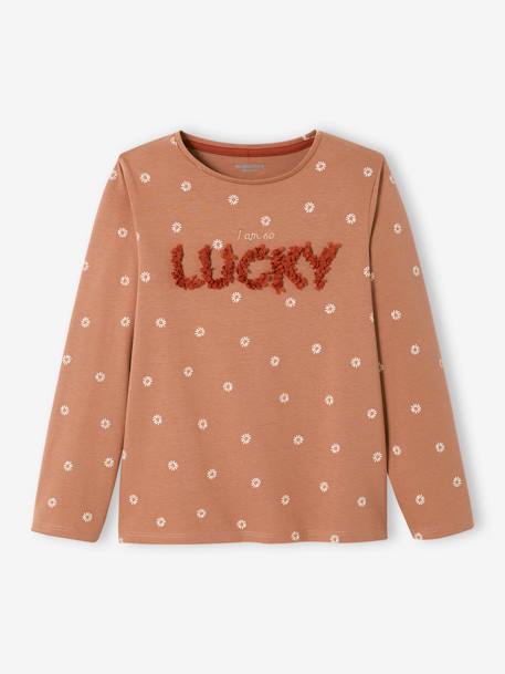 Printed Top with Crimped Inscription in Relief, for Girls BROWN MEDIUM ALL OVER PRINTED+ecru+GREEN DARK ALL OVER PRINTED - vertbaudet enfant 