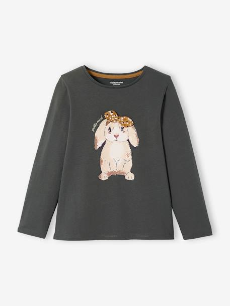 Top with Bunny & Fancy Bow, for Girls emerald green+GREY DARK SOLID WITH DESIGN - vertbaudet enfant 