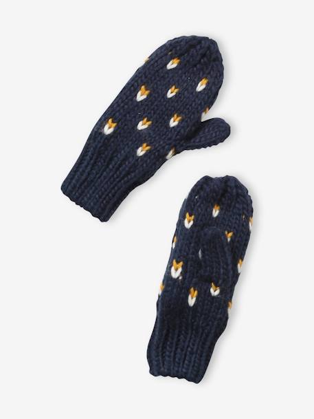 Beanie + Snood + Gloves with Hearts Set for Girls BLUE DARK ALL OVER PRINTED - vertbaudet enfant 
