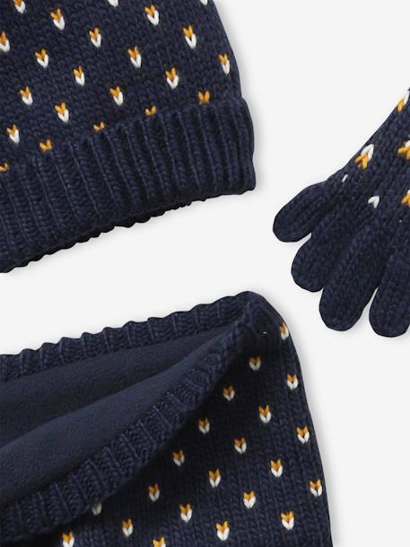 Beanie + Snood + Gloves with Hearts Set for Girls BLUE DARK ALL OVER PRINTED - vertbaudet enfant 