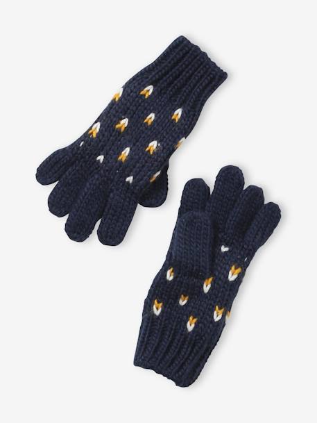 Beanie + Snood + Gloves with Hearts Set for Girls BLUE DARK ALL OVER PRINTED+PINK LIGHT SOLID WITH DESIGN - vertbaudet enfant 