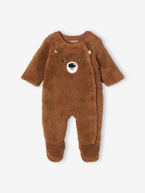 Baby-Pyjamas & Sleepsuits-"Panda" Pramsuit in Faux Fur, for Baby Boys