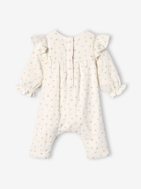 Cotton Gauze Jumpsuit with Ruffle, Lined, for Babies WHITE LIGHT ALL OVER PRINTED - vertbaudet enfant 