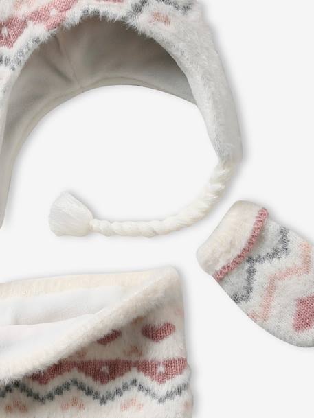 Jacquard Knit Beanie + Snood + Mittens Set for Baby Girls WHITE MEDIUM ALL OVER PRINTED - vertbaudet enfant 