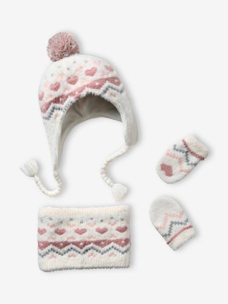 Jacquard Knit Beanie + Snood + Mittens Set for Baby Girls WHITE MEDIUM ALL OVER PRINTED - vertbaudet enfant 