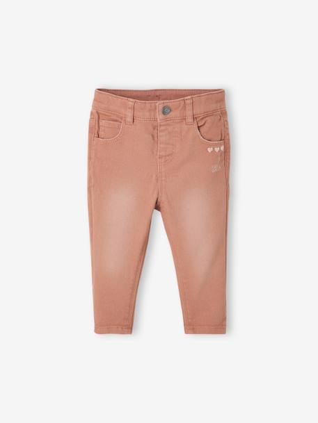 Embroidered Slim Leg Trousers in Stretchy Cotton, for Babies BROWN MEDIUM SOLID WITH DESIGN - vertbaudet enfant 