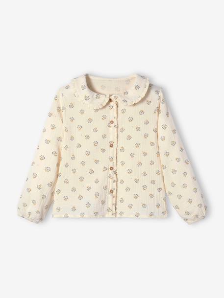 Blouse with Frilly Details in Cotton Gauze for Girls cappuccino+WHITE MEDIUM ALL OVER PRINTED+YELLOW DARK SOLID - vertbaudet enfant 