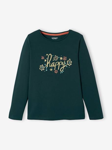 Long Sleeve Top with Iridescent Message for Girls GREEN MEDIUM SOLID WITH DESIG+PINK DARK SOLID WITH DESIGN - vertbaudet enfant 