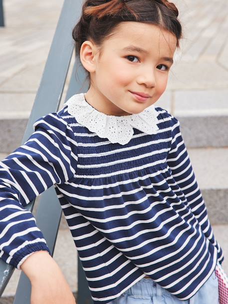 Blouse-like Top with Broderie Anglaise on the Collar, for Girls BLUE DARK STRIPED+rosy - vertbaudet enfant 