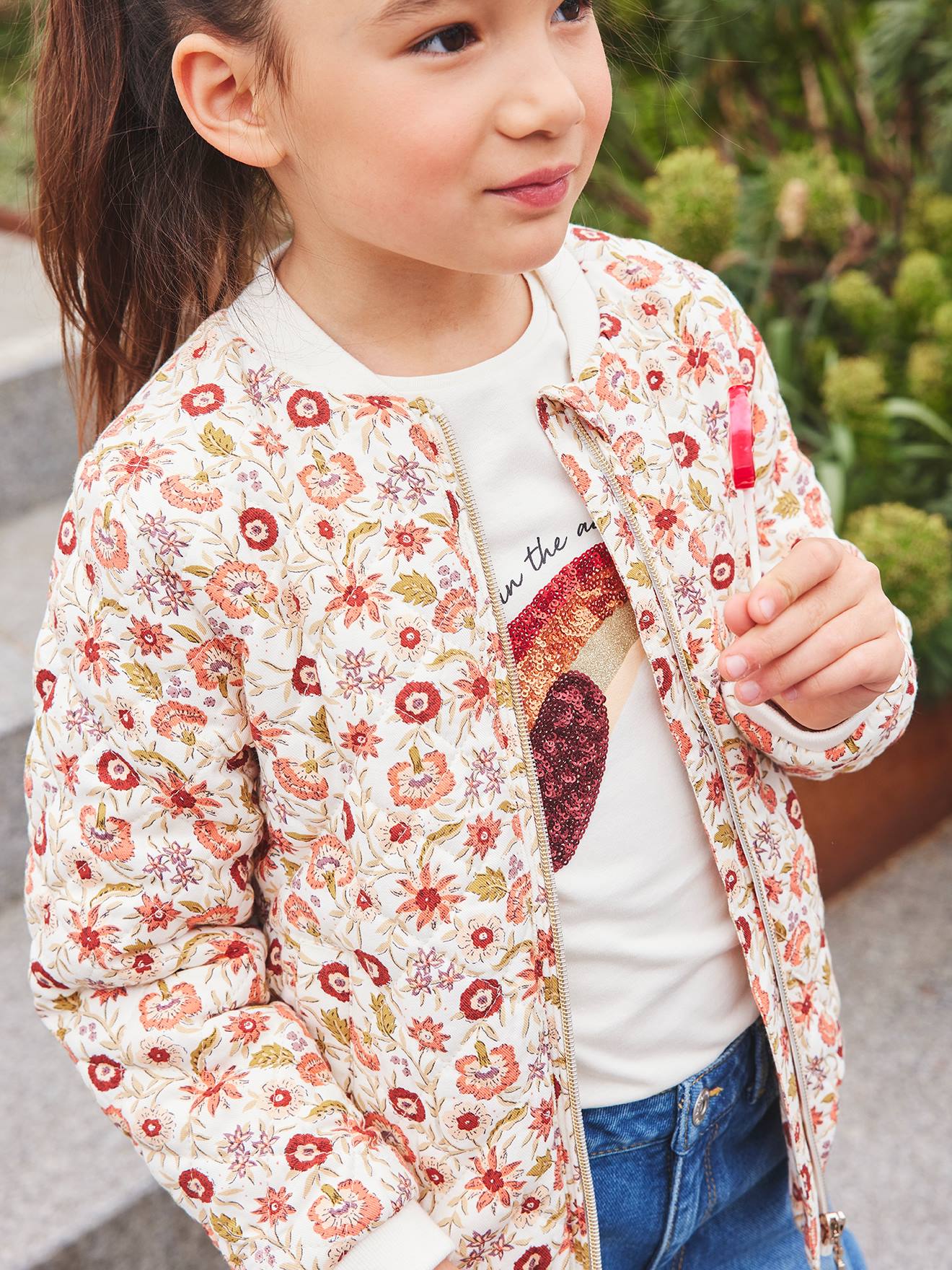 Bomber-Style Padded Jacket with Floral 