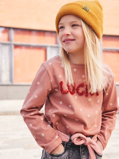 Printed Top with Crimped Inscription in Relief, for Girls BROWN MEDIUM ALL OVER PRINTED+ecru+GREEN DARK ALL OVER PRINTED - vertbaudet enfant 