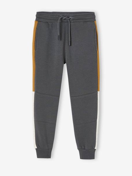 Fleece Joggers with Two-Tone Side Stripes for Boys Black+fir green+GREY DARK SOLID WITH DESIGN - vertbaudet enfant 