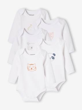-Pack of 5 "Animals" Long Sleeve Bodysuits for Newborn Babies, Cutaway Shoulders