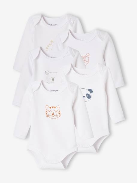 Pack of 5 'Animals' Long Sleeve Bodysuits for Newborn Babies, Cutaway Shoulders WHITE LIGHT TWO COLOR/MULTICOL - vertbaudet enfant 