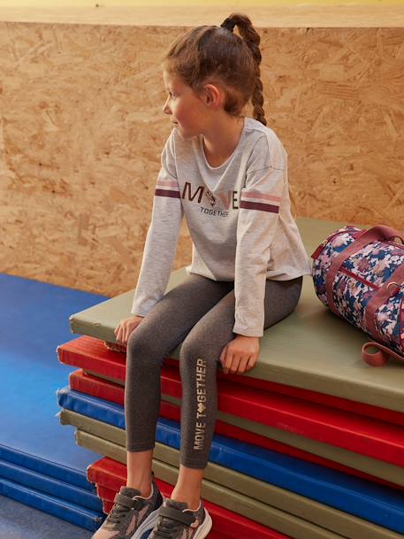 Sports Leggings, Metallised Inscription on the Leg, for Girls GREY DARK MIXED COLOR+PINK LIGHT SOLID - vertbaudet enfant 