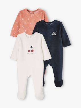 Vertbaudet Basics-Baby-Pack of 3 Velour Sleepsuits with Front Opening for Babies