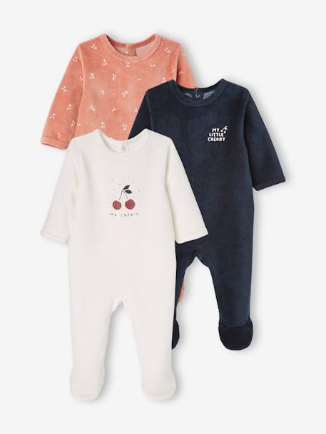 Pack of 3 Velour Sleepsuits with Front Opening for Babies PINK DARK 2 COLOR/MULTICOL OR - vertbaudet enfant 