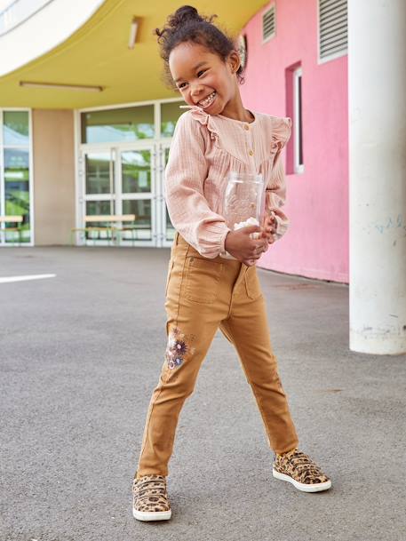 Slim Leg Trousers, Embroidered Flowers, High Waist, for Girls BROWN LIGHT SOLID WITH DESIGN+GREEN MEDIUM SOLID WITH DESIG - vertbaudet enfant 