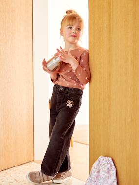 Wide-Leg Jeans with Embroidered Flowers, for Girls  - vertbaudet enfant