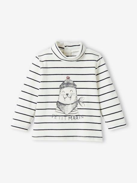 Striped High Neck Top with Petit Marin Inscription, for Babies marl grey+striped white - vertbaudet enfant 