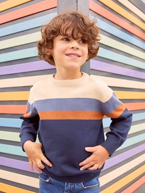 Boys-Cardigans, Jumpers & Sweatshirts-Striped Colourblock Jumper in Fine Knit for Boys