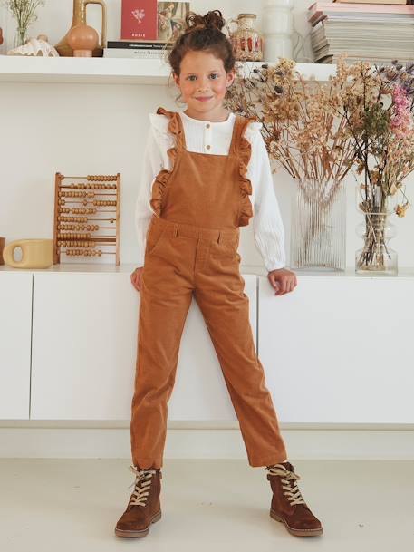 Corduroy Dungarees with Ruffles, for Girls BROWN MEDIUM SOLID - vertbaudet enfant 