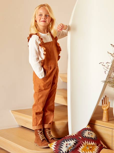 Corduroy Dungarees with Ruffles, for Girls BROWN MEDIUM SOLID - vertbaudet enfant 