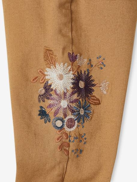 Slim Leg Trousers, Embroidered Flowers, High Waist, for Girls BROWN LIGHT SOLID WITH DESIGN+GREEN MEDIUM SOLID WITH DESIG - vertbaudet enfant 