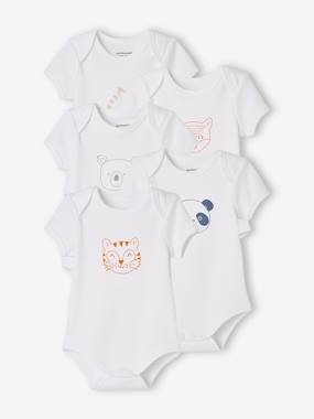 Baby-Bodysuits & Sleepsuits-Pack of 5 «Animals» Bodysuits, Short Sleeves, Full-Length Opening, for Babies