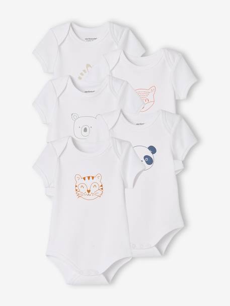 Pack of 5 «Animals» Bodysuits, Short Sleeves, Full-Length Opening, for Babies WHITE LIGHT TWO COLOR/MULTICOL - vertbaudet enfant 