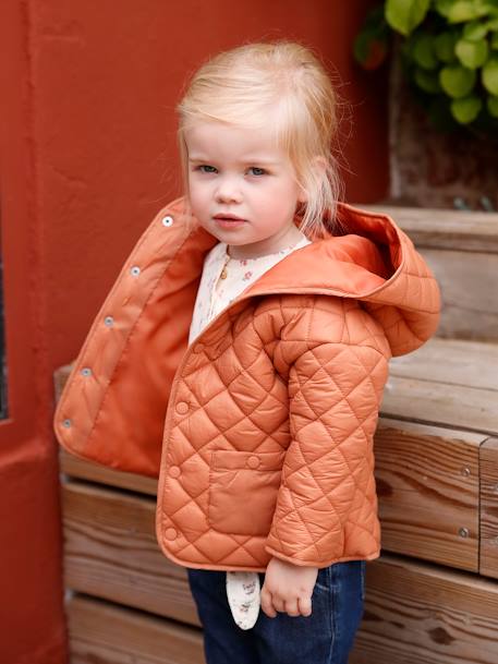 Padded Jacket with Hood for Babies ORANGE DARK SOLID+PINK LIGHT SOLID - vertbaudet enfant 