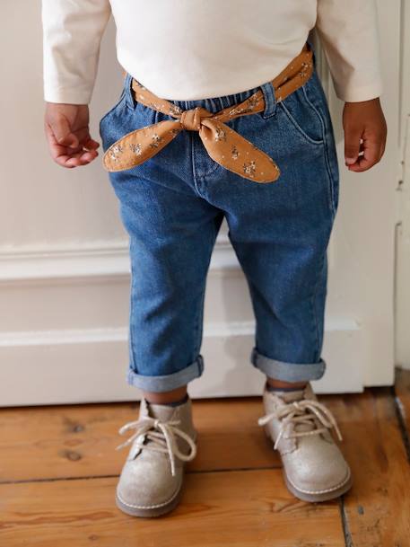 Trousers with Fabric Belt for Babies BLUE MEDIUM SOLID WITH DESIGN+Dark Blue+denim grey - vertbaudet enfant 