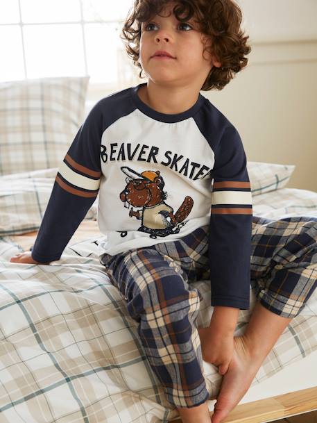 Beaver Pyjamas with Flannel Bottoms for Boys BLUE DARK SOLID WITH DESIGN - vertbaudet enfant 