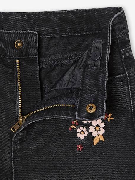 Wide-Leg Jeans with Embroidered Flowers, for Girls BLACK DARK SOLID WITH DESIGN - vertbaudet enfant 