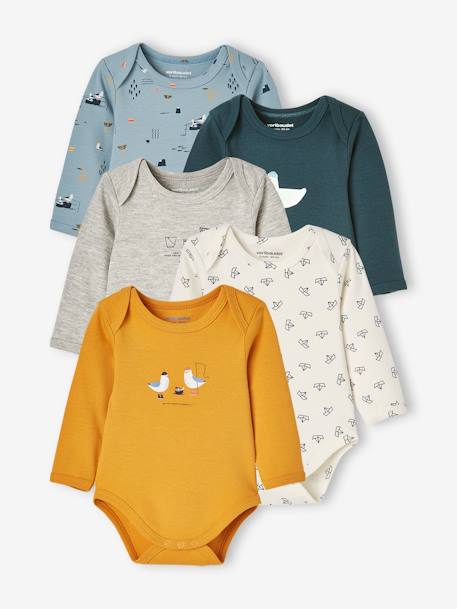 Pack of 5 Long Sleeve Bodysuits with Cutaway Shoulders for Babies YELLOW DARK 2 COLOR/MULTICOL - vertbaudet enfant 