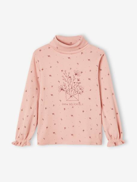 T-shirt col montant en côtes imprimé fleurs fille rose poudré - vertbaudet enfant 