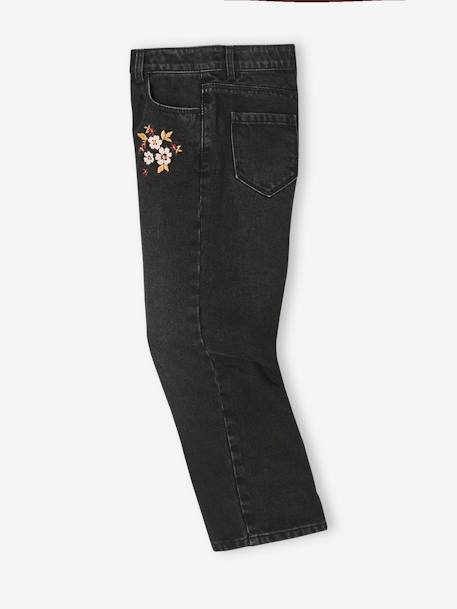 Wide-Leg Jeans with Embroidered Flowers, for Girls BLACK DARK SOLID WITH DESIGN - vertbaudet enfant 