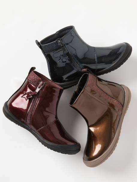 Patent Leather Boots for Girls, Designed for Autonomy BLUE DARK SOLID WITH DESIGN+BROWN DARK SOLID WITH DESIGN+RED MEDIUM SOLID WITH DESIG - vertbaudet enfant 