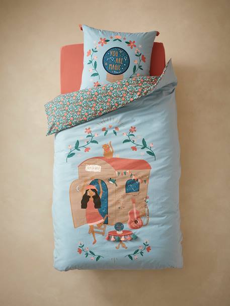 Duvet Cover & Pillowcase Set for Children, Gypsy Caravan BLUE MEDIUM SOLID WITH DESIGN - vertbaudet enfant 