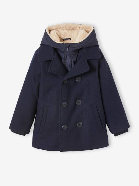Peacoat with Hood & Sherpa Lining for Boys BLUE DARK SOLID WITH DESIGN - vertbaudet enfant 