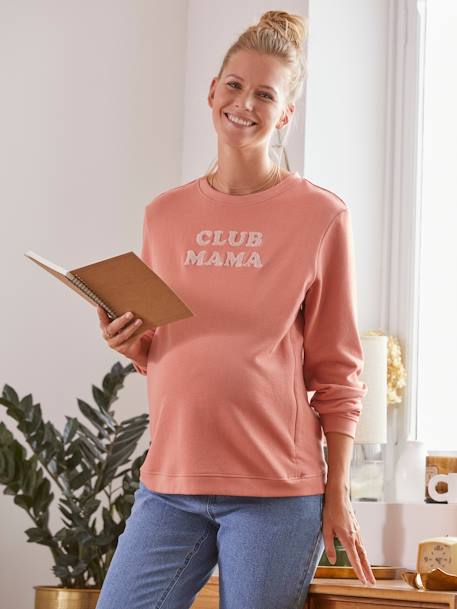 Fleece Sweatshirt with Message, Maternity & Nursing Special BROWN DARK SOLID WITH DESIGN+Grey - vertbaudet enfant 
