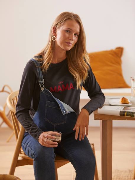 Top with Message, in Organic Cotton, Maternity & Nursing BLUE DARK SOLID WITH DESIGN - vertbaudet enfant 