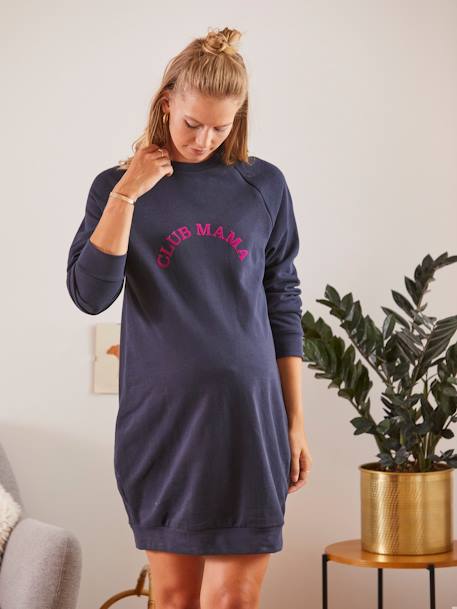 Short Sweater Dress with Message, Maternity & Nursing Special BLUE DARK SOLID WITH DESIGN - vertbaudet enfant 