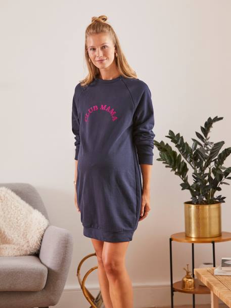 Short Sweater Dress with Message, Maternity & Nursing Special BLUE DARK SOLID WITH DESIGN - vertbaudet enfant 