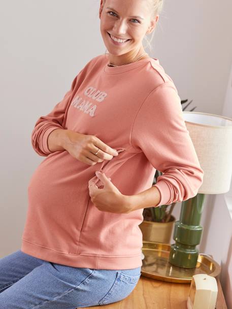 Fleece Sweatshirt with Message, Maternity & Nursing Special BROWN DARK SOLID WITH DESIGN+Grey - vertbaudet enfant 