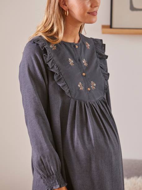 Flannel Dress with Embroidered Front Panel, for Maternity & Nursing BLACK DARK SOLID WITH DESIGN - vertbaudet enfant 