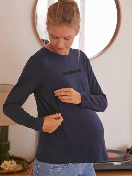 Top with Message in Organic Cotton, Maternity & Nursing BLUE DARK SOLID WITH DESIGN - vertbaudet enfant 
