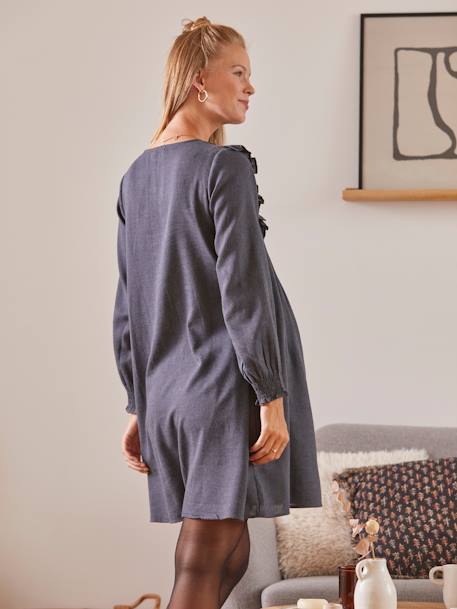 Flannel Dress with Embroidered Front Panel, for Maternity & Nursing BLACK DARK SOLID WITH DESIGN - vertbaudet enfant 