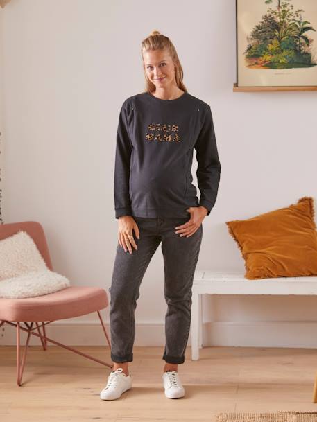 Fleece Sweatshirt with Message, Maternity & Nursing Special BLACK DARK SOLID WITH DESIGN - vertbaudet enfant 